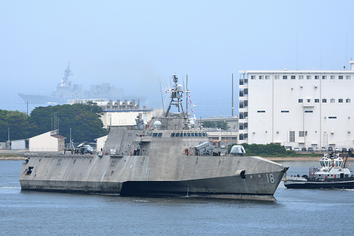 Kanagawa Prefecture, Japan - June 22, 2022:United States Navy USS Charleston (LCS-18), Independence-class littoral combat ship entering Yokosuka Port in Japan.