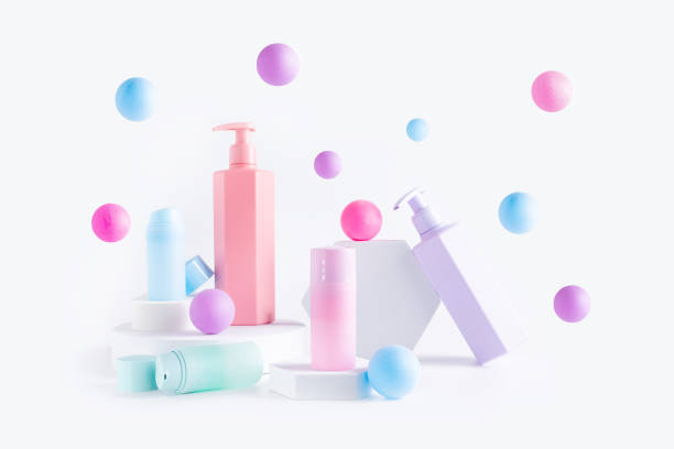 istock Abstract composition with pastel color cosmetic products on podiums 1427323277