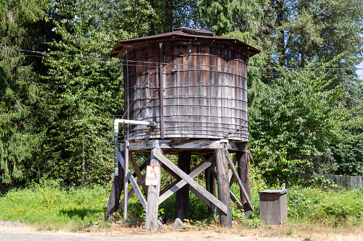 Old wooden water tower along the centennial trail in Snohomish County