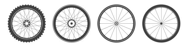 ilustrações, clipart, desenhos animados e ícones de coleção de símbolos de roda de bicicleta preta. silhuetas de pneus de borracha de bicicleta. cicliso de fitness, estrada e mountain bike. ilustração vetorial. - bicycle wheel tire spoke