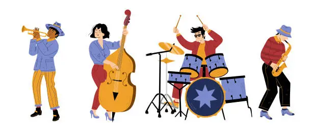 Vector illustration of Jazz band vibe, artists performing music on stage