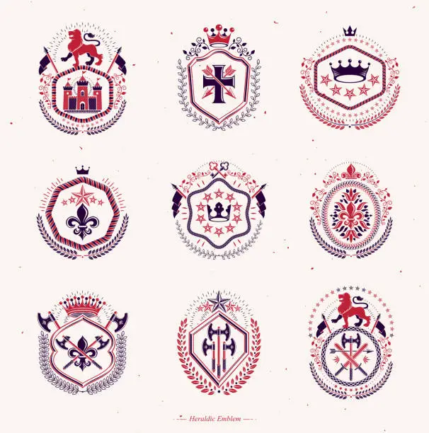 Vector illustration of Set of old style heraldry vector emblems, vintage illustrations decorated with monarch accessories, towers, pentagonal stars, weapon and armory. Coat of Arms collection.
