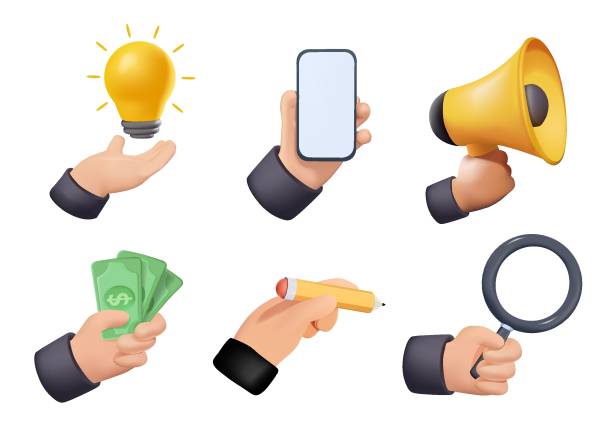 zestaw ilustracji gestów 3d hands. ręce postaci robiące kciuki w górę, trzymające smartfon, ołówek i inne firmy - bill mobile phone smart phone currency stock illustrations