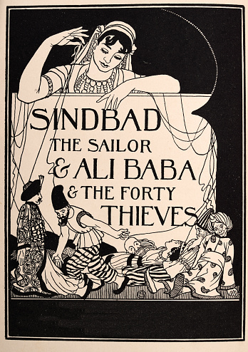 Vintage illustration of Scheherazade with puppets of Sinbad the Sailor and Ali Baba, One Thousand and One Nights