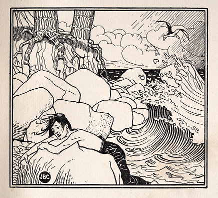 Vintage illustration, Scene from the first voyage of Sinbad the Sailor, Sinbad shipwrecked and washed ashore