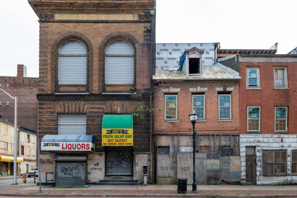 View of an outside abandoned townhomes in a lower poverty district of Delaware