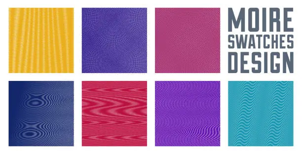Vector illustration of Moire vector abstract backgrounds set, linear contrast virtual digital effect images, hypnotic texture, optical art trendy modern style, color distorted grid.