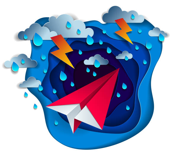 istock Origami paper plane toy flying in thunderstorm with lightning, dramatic vector illustration of stormy rainy weather over ocean with toy airplane struggles to survive. 1427335122