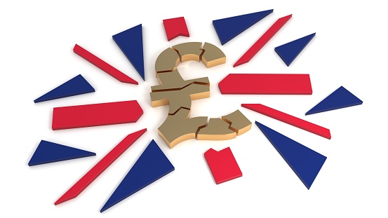 Union Jack British flag and pound symbol shattering 3d illustration