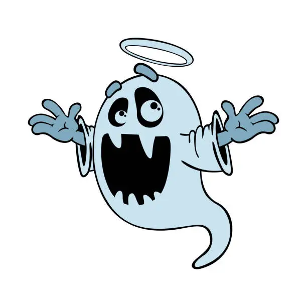 Vector illustration of Cute ghost scares. Character tries to instill terror in others. Terrible and evil spirit. Halloween. Cartoon flat vector illustration.