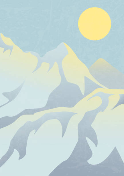 ilustraciones, imágenes clip art, dibujos animados e iconos de stock de paisaje de montaña con picos y cartel de ilustración de sol. - sunset winter mountain peak european alps