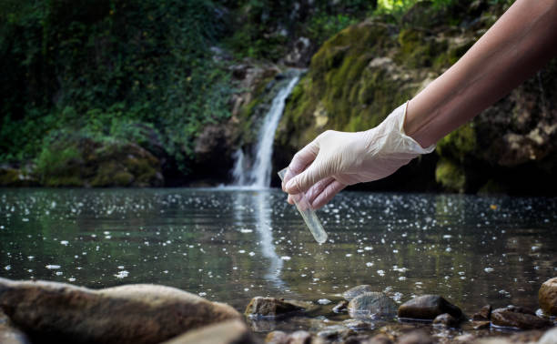 water quality checking - sewage pond imagens e fotografias de stock