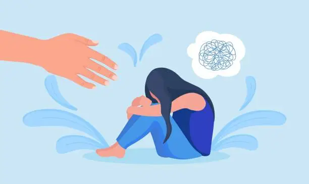 Vector illustration of Psychologist hand helps sad woman to get rid of depression. Unhappy girl crying, covering her face, hugs her knees. Lonely person needs support, care because of sorrow, anxiety, stress. Mental health