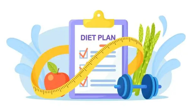 Vector illustration of Diet Plan Checklist with Vegetables, Fruit and Measuring Tape. Nutrition for Weight Loss, Calorie Control, Individual Dietary. Health Lifestyle, Fitness, Sport, Training