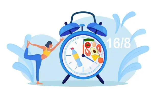 Vector illustration of Girl stand balanced in tree pose waiting for time to eat. Yoga. Patience. Intermittent fasting. Woman doing sports, fitness. Dieting, proper nutrition.Time restricted eating. Food intake clock