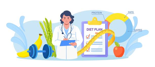 illustrazioni stock, clip art, cartoni animati e icone di tendenza di nutrizionista fare un piano di dieta, lista di controllo. medico che pianifica la dieta con frutta e verdura. nutrizione per la perdita di peso, controllo delle calorie, dieta individuale. salute stile di vita, fitness, sport, allenamento - diet pill