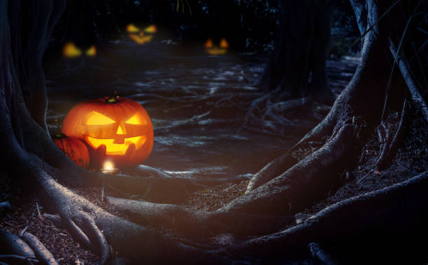 istock Halloween scene in a mystical forest with moonlight. 1427353719