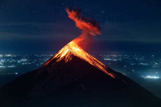 istock Erupting volcano Fuego in Guatemala at night 1427355921
