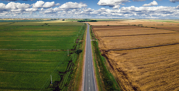 Strait road through fields and meadows. Aerial view