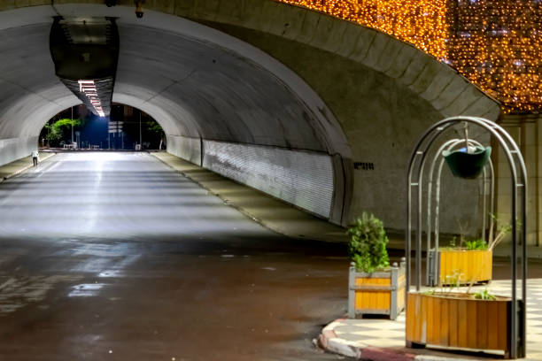 Maurice Audin place square plaza with a potted plant and a decorated wall with golden color lights. An unrecognizable man walks inside the tunnel.