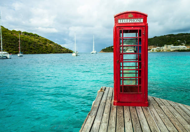 British Virgin Islands, November 21, 2012; Red telephone box on the dock at Marina Cay