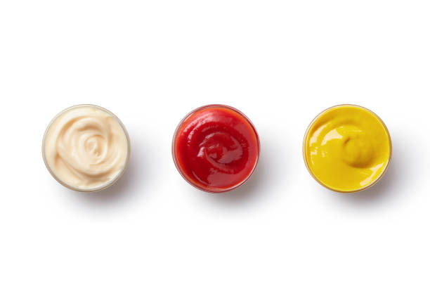 mayonnaise, mustard and tomato sauces - japanese mustard imagens e fotografias de stock