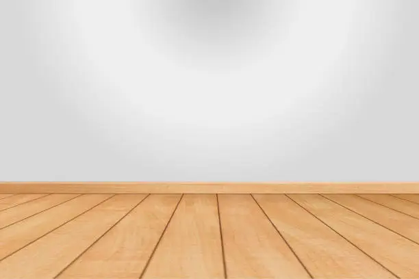 Mock-up of white empty room with  textured realistic of wooden flooring leading towards a plain white wall.