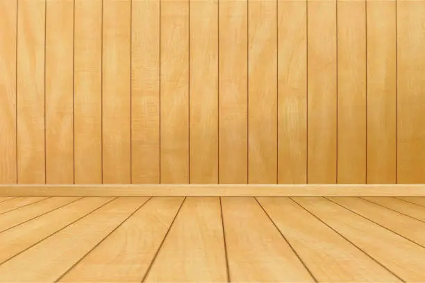 Mock-up of wood wall empty room on hardwood floor texture background. Perspective of minimal interior design.