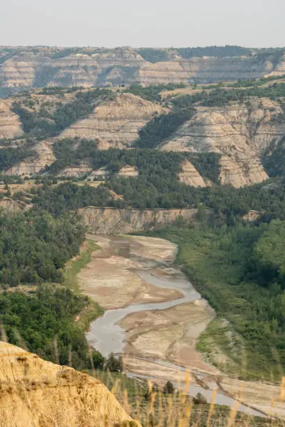 Photo of Little MIssouri River Flows Below Badlands Formations