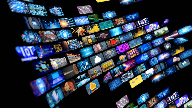 Media concept multiple television screens stock photo