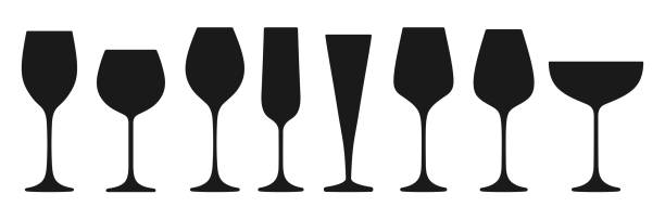 Wineglass different types silhouette set glasses red sparkling wine champagne alcohol various shapes Wineglass different types silhouette set. Glass for red, sparkling wine champagne liquor alcohol beverages, engraving various shapes. Winemaking monochrome advertisement design for cafe, restaurant red spectacles stock illustrations