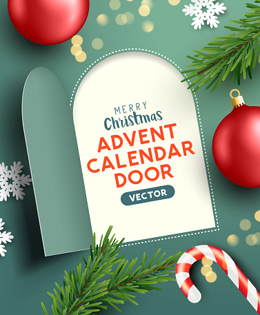 Christmas advent calendar door opening to reveal a festive message. Vector illustration.
