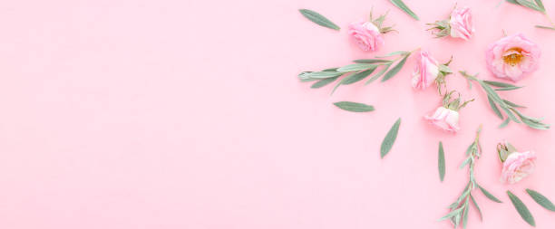istock Flowers composition. Border from rose flowers on pink background. 1427380445