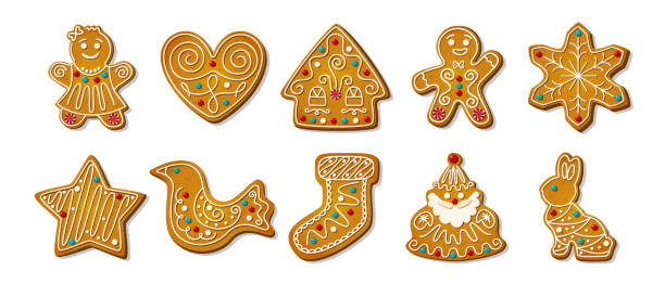 ilustrações de stock, clip art, desenhos animados e ícones de christmas gingerbread cookies. winter homemade xmas sweets in shape of house and gingerbread man, star and snowflake, santa and heart, bird and rabbit and sock. cartoon vector illustration - gingerbread cookie