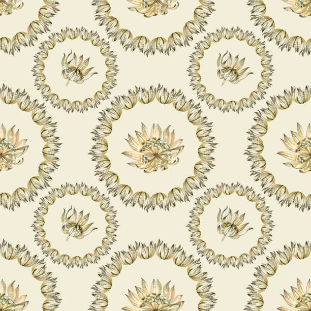 istock Seamless pattern watercolor boho dry flower on gray background. Hand-drawn green beige herbarium plant for wedding celebration card. Circle. Art for wallpaper wrapping sketchbook, decor interior 1427392061