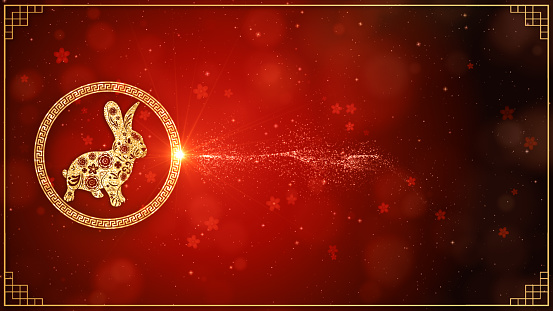 Chinese New Year Celebration Background, Chinese Zodiac Rabbit 2023, Golden and Red with Particle for Chinese Decorative Classic Festive Background for a Holiday, 3d rendering