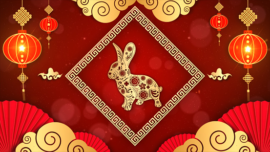 3d rendering Chinese New Year Celebration Background, Chinese Zodiac Rabbit 2023, Golden and Red with Particle for Chinese Decorative Classic Festive Background for a Holiday.