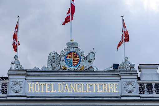 Copenhagen, Denmark, Sept 6, 2022  The facade and sign for the Hotel D'Angleterre, a famous hotel.