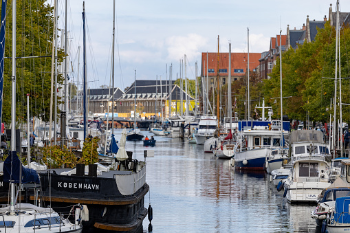 Copenhagen, Denmark Sept 10, 2022 Houseboats on the Christianhavns canal.
