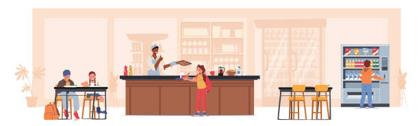 Children Character Eat In School Canteen. Cafeteria Interior With Tables, Chairs, Vending Machine, Kids With Trays Children Character Eat In School Canteen. Cafeteria Interior With Tables, Chairs, Vending Machine, Kids With Trays Take Food at Counter Bar and Eating at Desk. Cartoon People Vector Illustration single dining chair stock illustrations