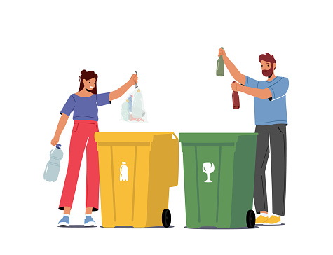 Litter Sorting, Recycling and Segregation, Environmental Protection Concept. People City Dwellers Throw Garbage to Recycle Litter Bins for Glass and Plastic Waste. Cartoon Vector Illustration