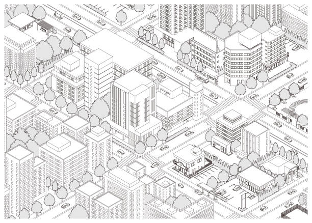 trójwymiarowy widok pejzażu miejskiego. cityscape. ilustracja rysunku liniowego. - isometric car vector land vehicle stock illustrations