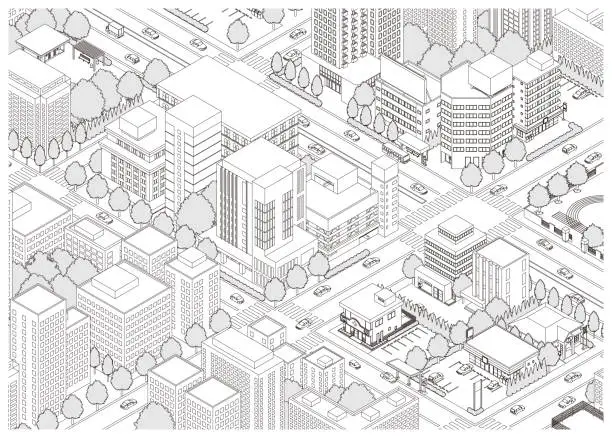 Vector illustration of Three-dimensional view of the townscape. Cityscape. Line drawing illustration.