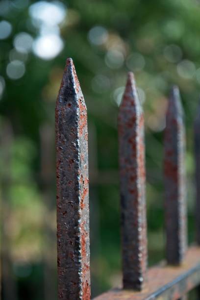 istock Single picket in rusty wrought iron picket fence before bright bokeh 1427401764
