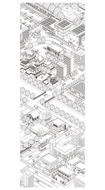 Vector illustration of Three-dimensional view of the townscape. Cityscape. Line drawing illustration.