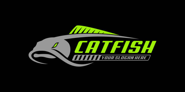 ilustrações, clipart, desenhos animados e ícones de emblema de pesca de peixe gato em fundo escuro preto. design de emblema rústico vintage moderno. ótimo para usar como o seu emblema empresa de pesca - catfish fish fishing fishing hook