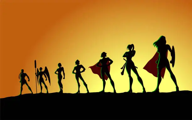 Vector illustration of Vector All Female Superheroes Silhouette in a Row Stock Illustration