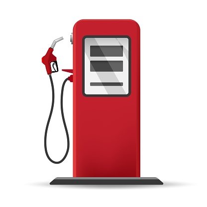 Retro gas station pump. Gasoline pumping service equipment, old design red fuel tank dispenser for diesel oil petrol out fill petrol isolated vector illustration