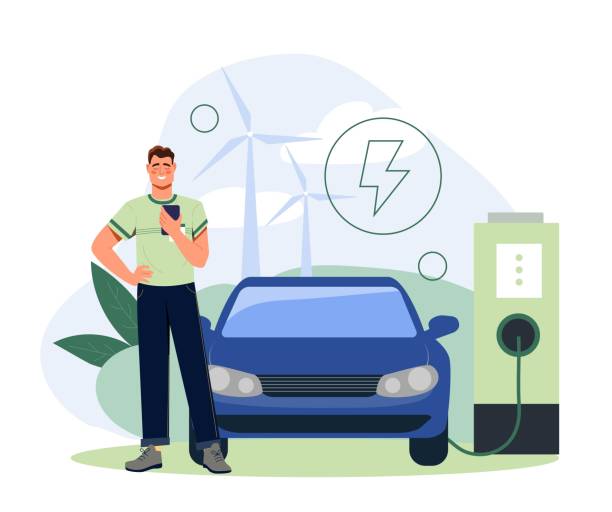 Renewable or green energy sources Renewable or green energy sources. Man refuels his electric car at charging station. Eco friendly vehicles. Reducing emissions and caring for nature and environment.. Cartoon flat vector illustration phone charging station icon stock illustrations