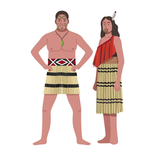 ilustraciones, imágenes clip art, dibujos animados e iconos de stock de ilustración de hombres y mujeres maoríes - haka maori tattoo traditional culture